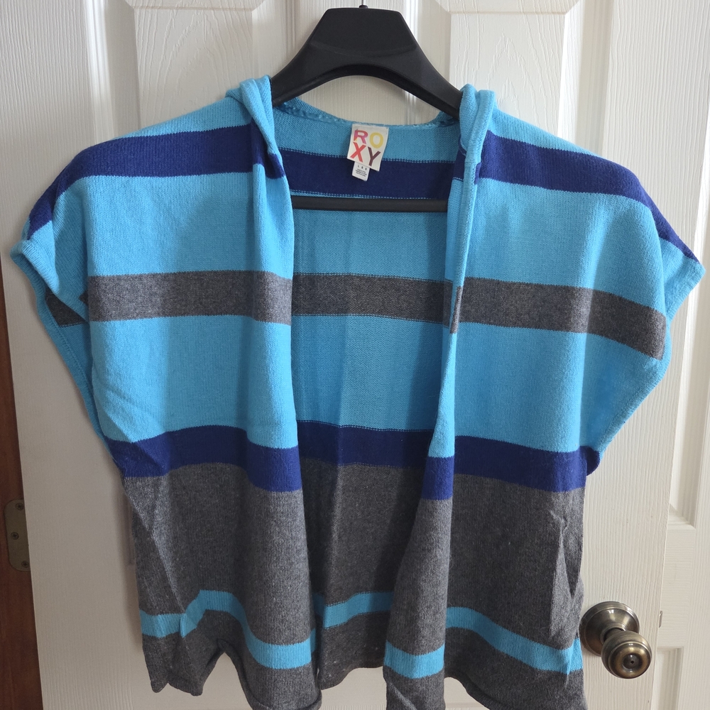Roxy Hooded Striped Knit Sweater Vest Blue Gray Sleeveless